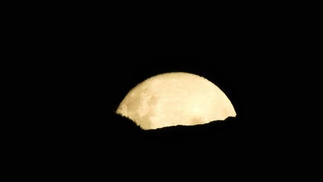 Haunted-full-moon-rising-slowly-above-mountain-edge-with-rocks-and-plant-detail,-ominous-and-scary-looking-reddish-color-tone-with-bats-flying-past