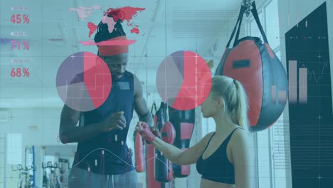 procesamiento de datos estadísticos contra entrenador masculino entrenando boxeadora en el gimnasio