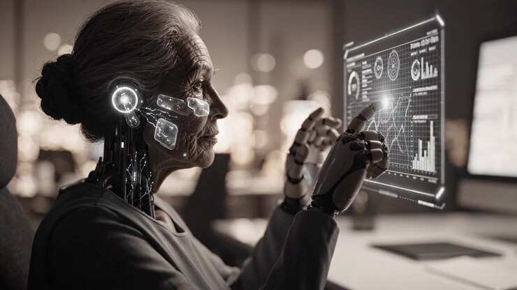 Exploring the Future: A Wise Profile of a Cybernetic Elder with Advanced Technology, Merging Humanity and Machine in a Dystopian Digital Environment
