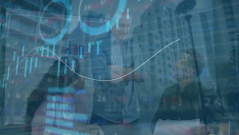 animation of financial data processing over business people in office