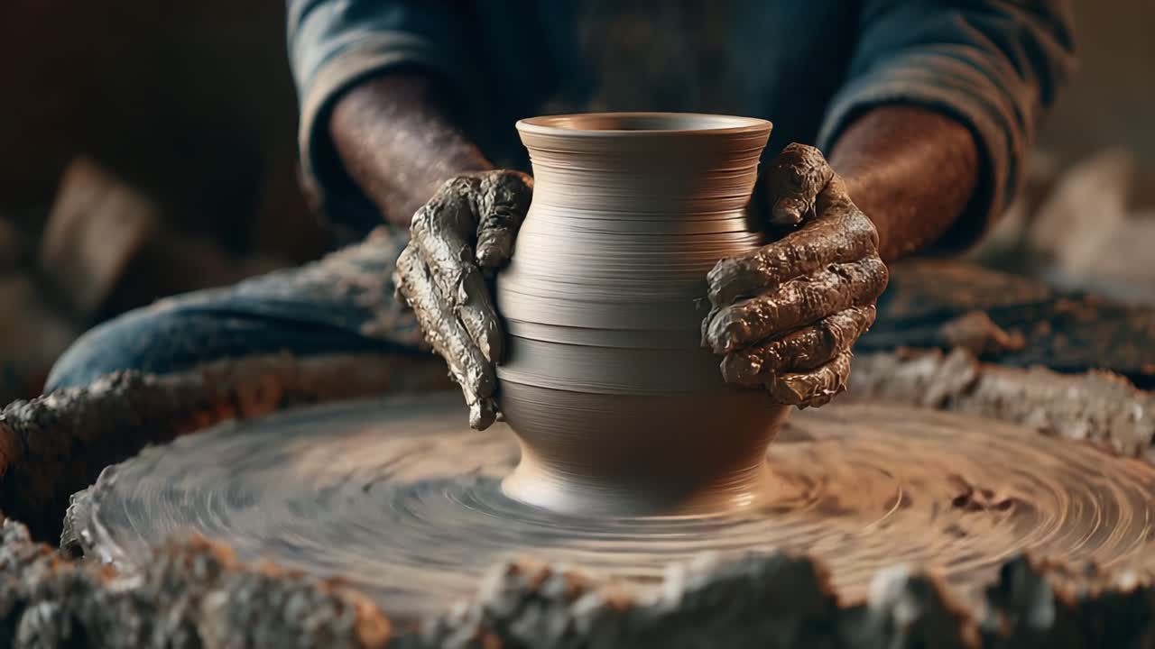 Captivating Journey of Clay: A Skilled Artisan Shapes a Beautiful Pottery Piece on the Wheel, Showcasing the Artistry and Craftsmanship in Traditional Ceramics