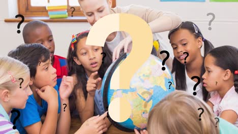 Animation-of-question-marks-over-diverse-schoolchildren-and-teacher-in-classroom