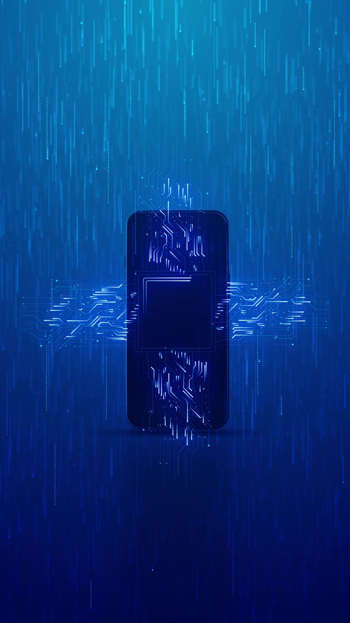 Blue mobile chip circuit background phone silhouette central processor glowing electronic paths and