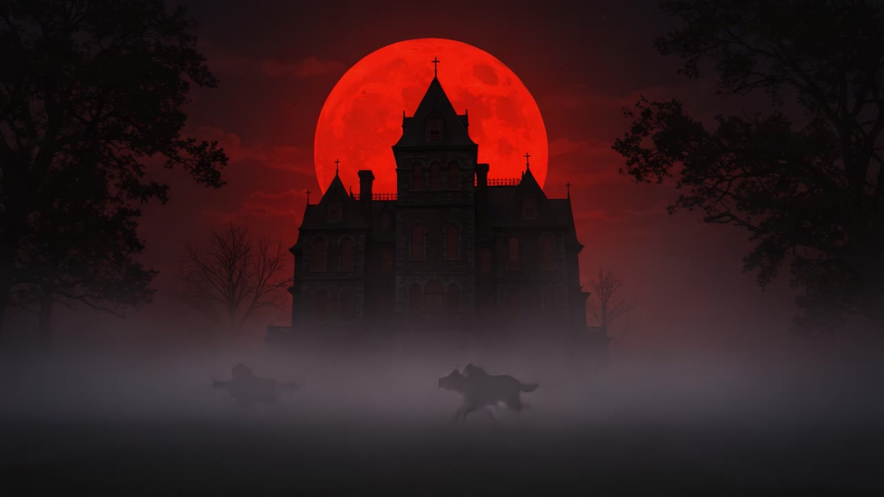 A Mysterious Haunted Mansion Silhouetted Against a Blood-Red Full Moon in a Foggy Landscape, Evoking Eerie Atmosphere and Supernatural Mystique