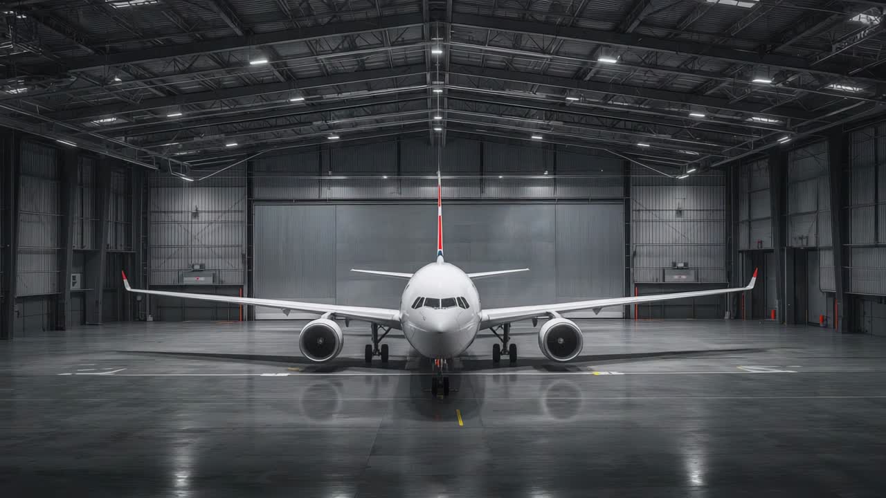 Illuminazione dell'hangar che cambia, rivelando un jet bimotore nell'hangar, con la luce del carrello anteriore accesa
