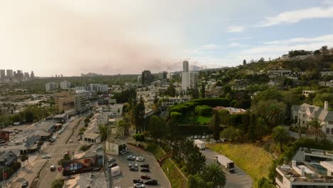 4k aerial of the la fires in january 2025 from west hollywood, los angeles, california, usa.