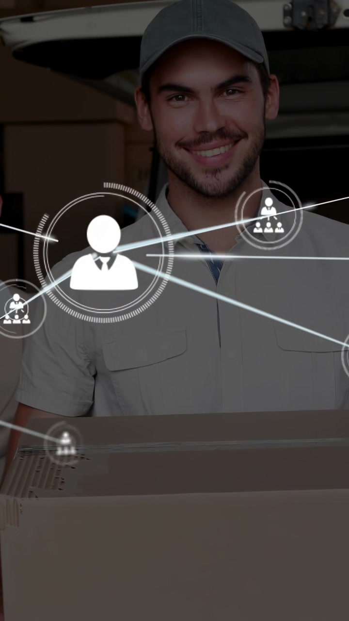 Video verticale: Icona utente che compare, sovrapposizione che si estende su un corriere, collegando il team e mappando i percorsi.