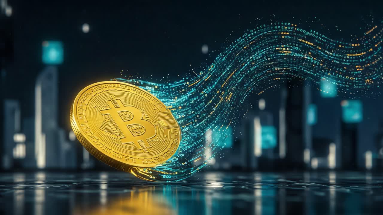 Golden Bitcoin Coin in Motion Representing Digital Currency Dynamics and Blockchain Technology in a Futuristic Financial Landscape