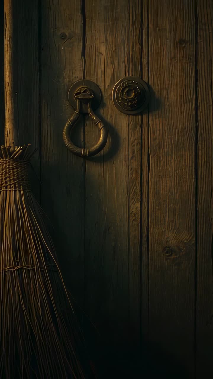 Vertical video: Blue beam appearing then lighting door in rustic room, revealing broom and knocker