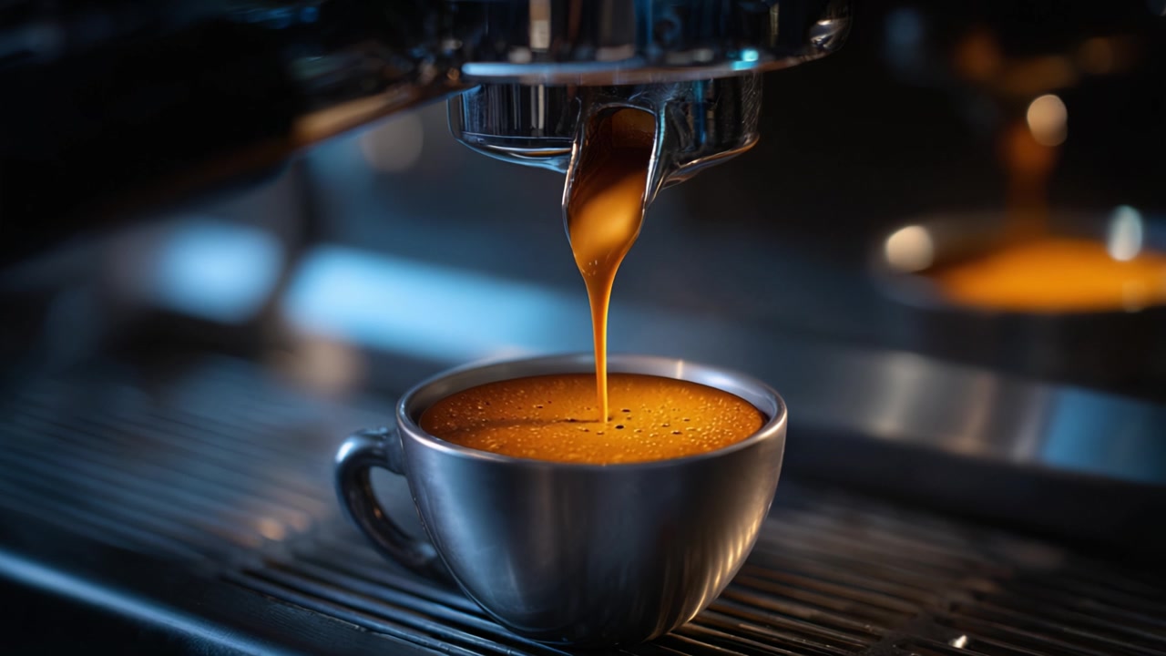 Espresso ricco e cremoso che si versa in un'elegante tazza d'argento: catturando l'arte della preparazione del caffè con precisione ed entusiasmo in una moderna macchina da caffè espresso.