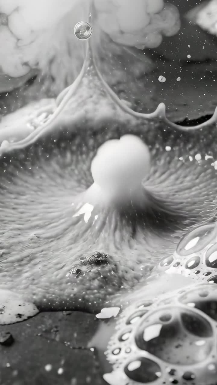 Video verticale: Getto pallido che scende in una pozza scura, impattando e producendo bolle per la scienza.