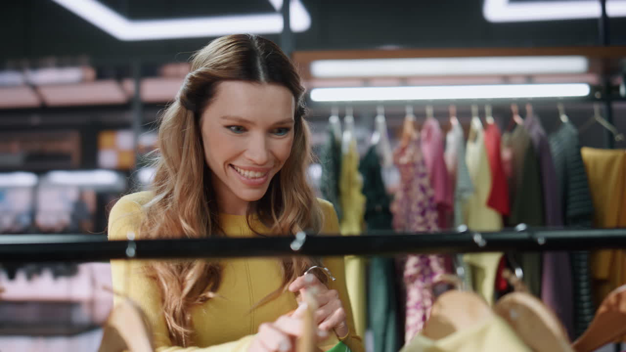 mujer sorprendida comprando ropa en el centro comercial en primer plano. señora regocijándose
