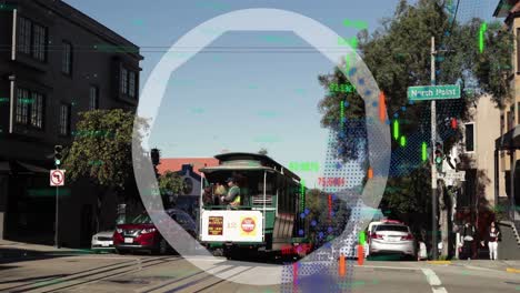 animación del procesamiento de datos financieros y círculo sobre la calle con coches
