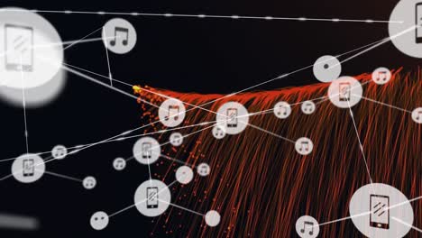 Animation-of-network-of-connections-over-orange-energy-on-black-background