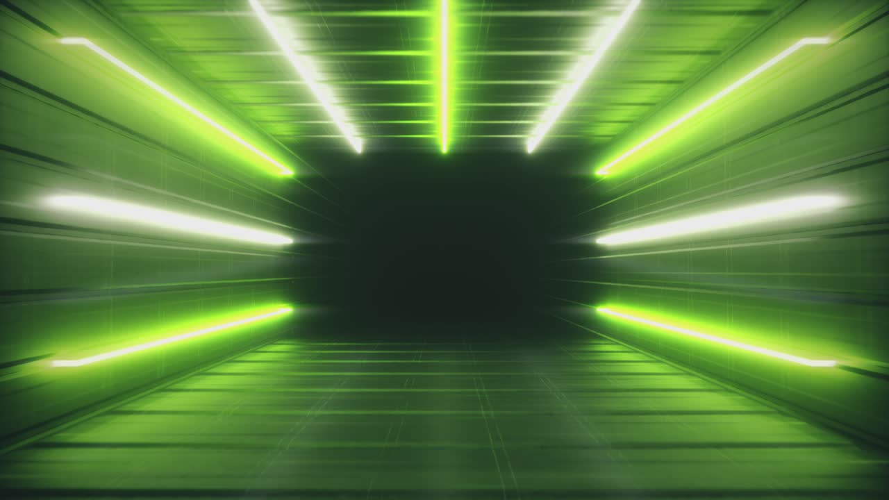 volando en un interior futurista verde abstracto. pasillo con lámparas fluorescentes luminosas de neón encendidas. fondo de arquitectura futurista. caja con una pared de metal. bucle sin costuras 3d render