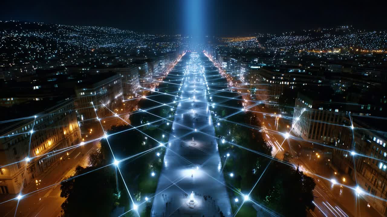 An Aerial View of a Vibrant City at Night Highlighting a Radiant Horizon, Illuminated Pathways, and a Sparkling Network of Lights Creating a Luminous Urban Landscape Captured From Above