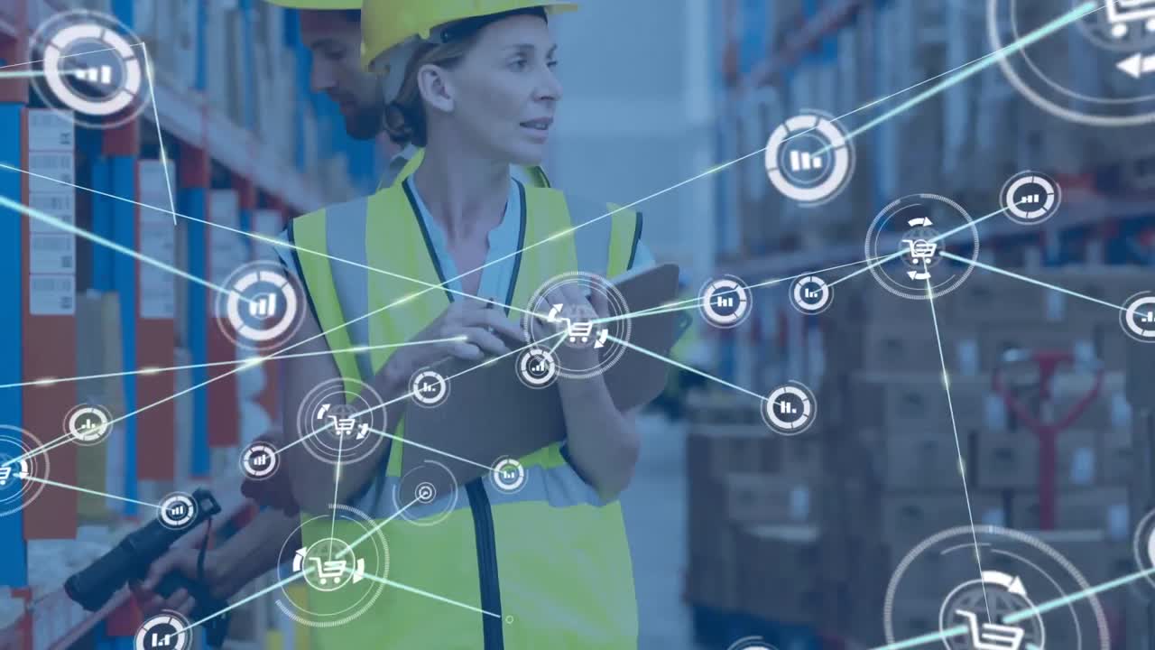 Animation of network of connections with icons over woman writing on clipboard in warehouse