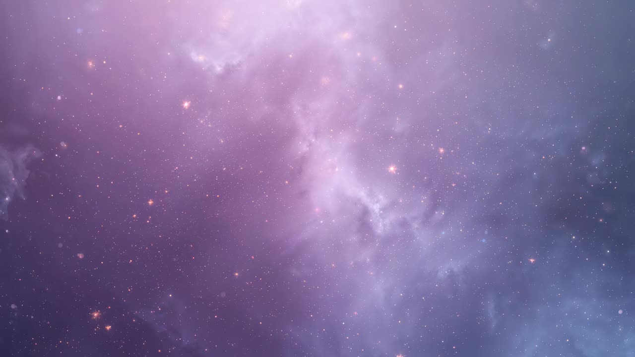 Starting playback, panning camera across space, showing purple-blue nebula, stars and orange star