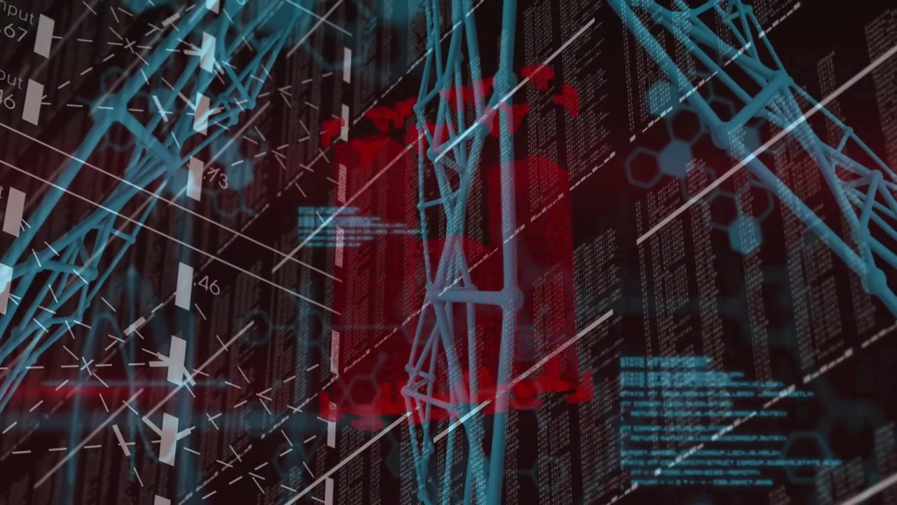 Red heatmap rising behind turquoise lattice, shifting with angled scan lines, showing network flow