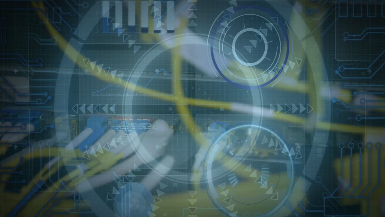Animation of data with hud processing on digital interface against server with wires connected