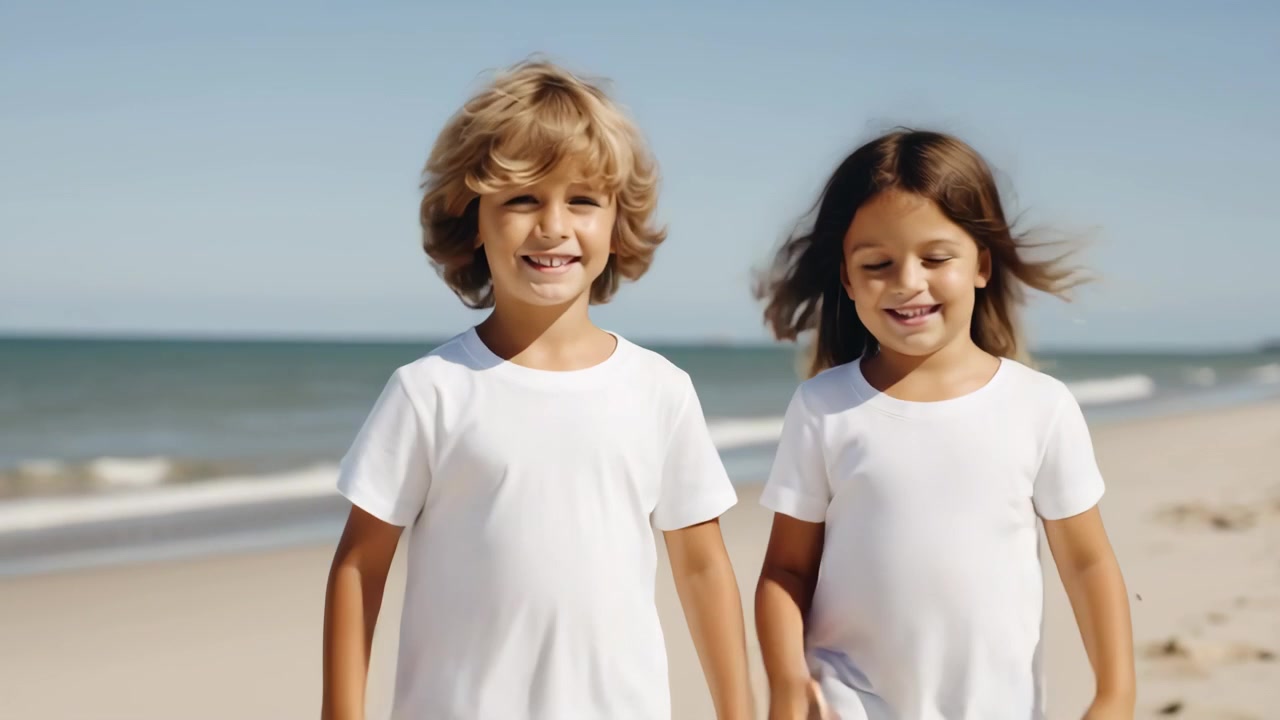 Bambini felici che corrono su una spiaggia soleggiata