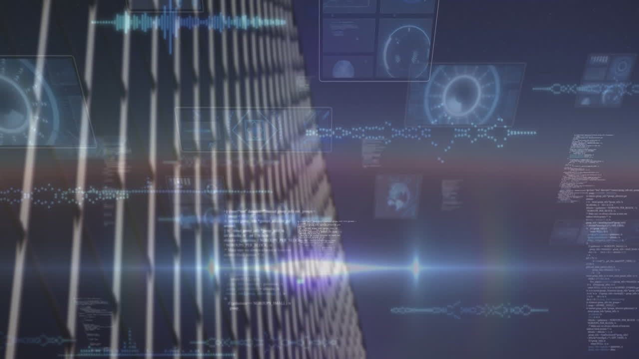 Animation of financial data processing over office building