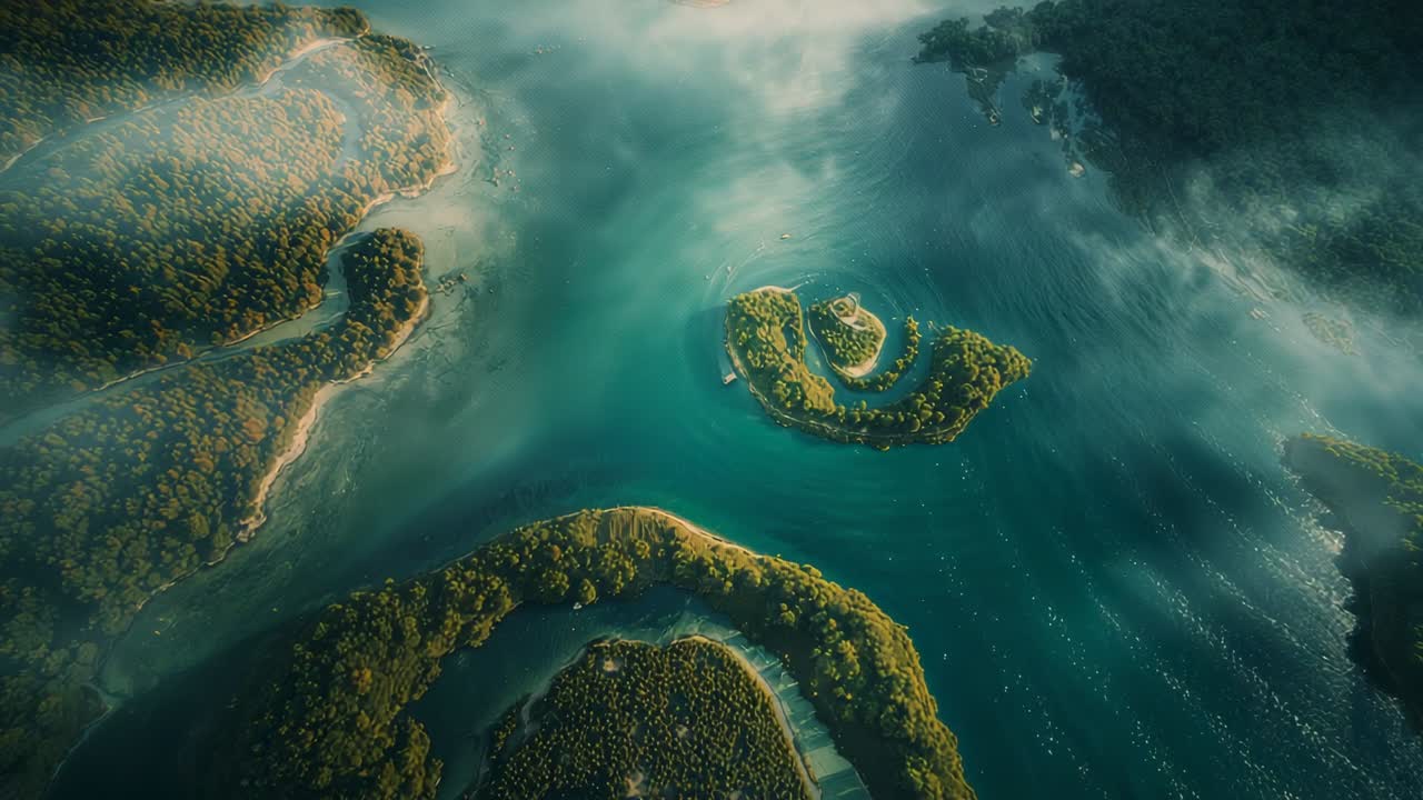 Drone ascending above archipelago, descending showing three islands, two boats, sunlight and clouds
