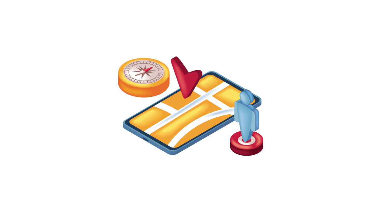 изометрическая иллюстрация смартфона с картой, компасом и маркером местоположения