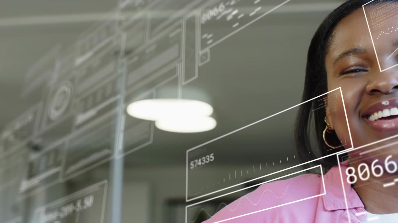 Woman standing right, UI panels sliding across business office, revealing face and reacting to data