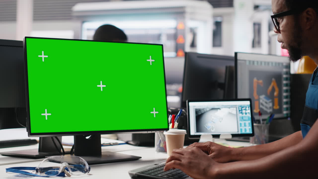 Black solar panel factory engineer uses green screen on computer