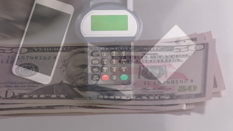 animación de billetes de dólares estadounidenses y terminal de pago