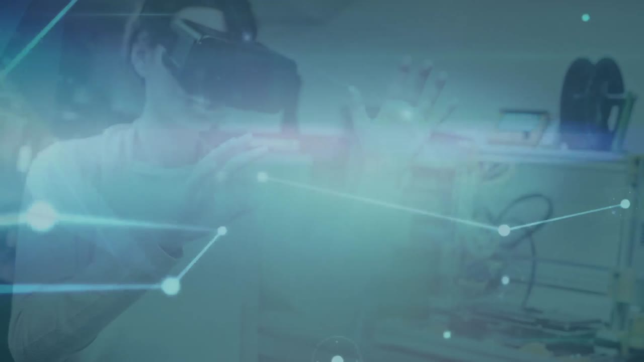 red brillante de conexiones contra la mujer que usa auriculares vr en la oficina