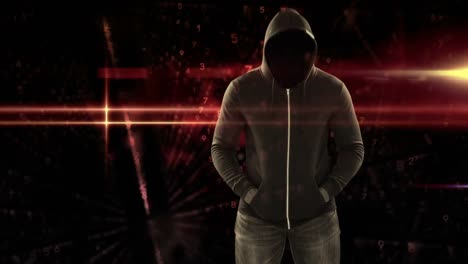 digital animation of hooded hacker standing 4k