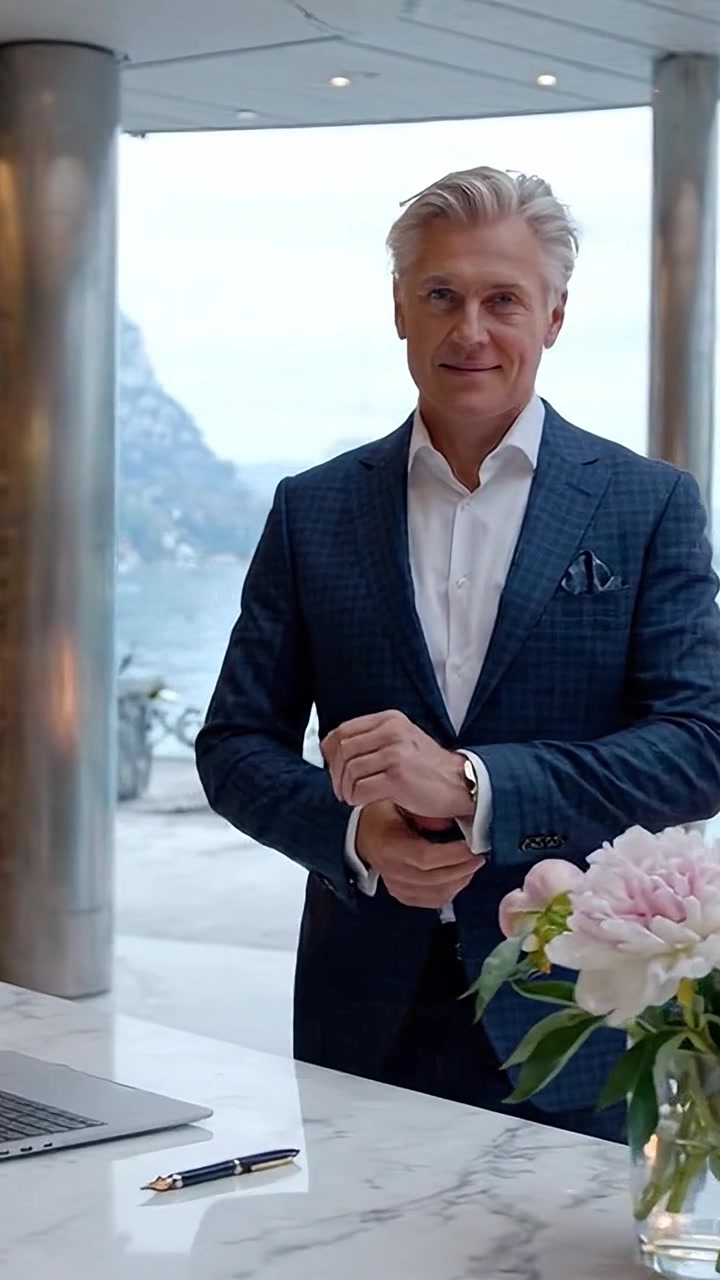 Uomo elegante in un abito di stile con fiori vicino all'acqua, immortalato in uno spazio moderno con vista panoramica e arredamento di buon gusto che incanta l'ambiente.