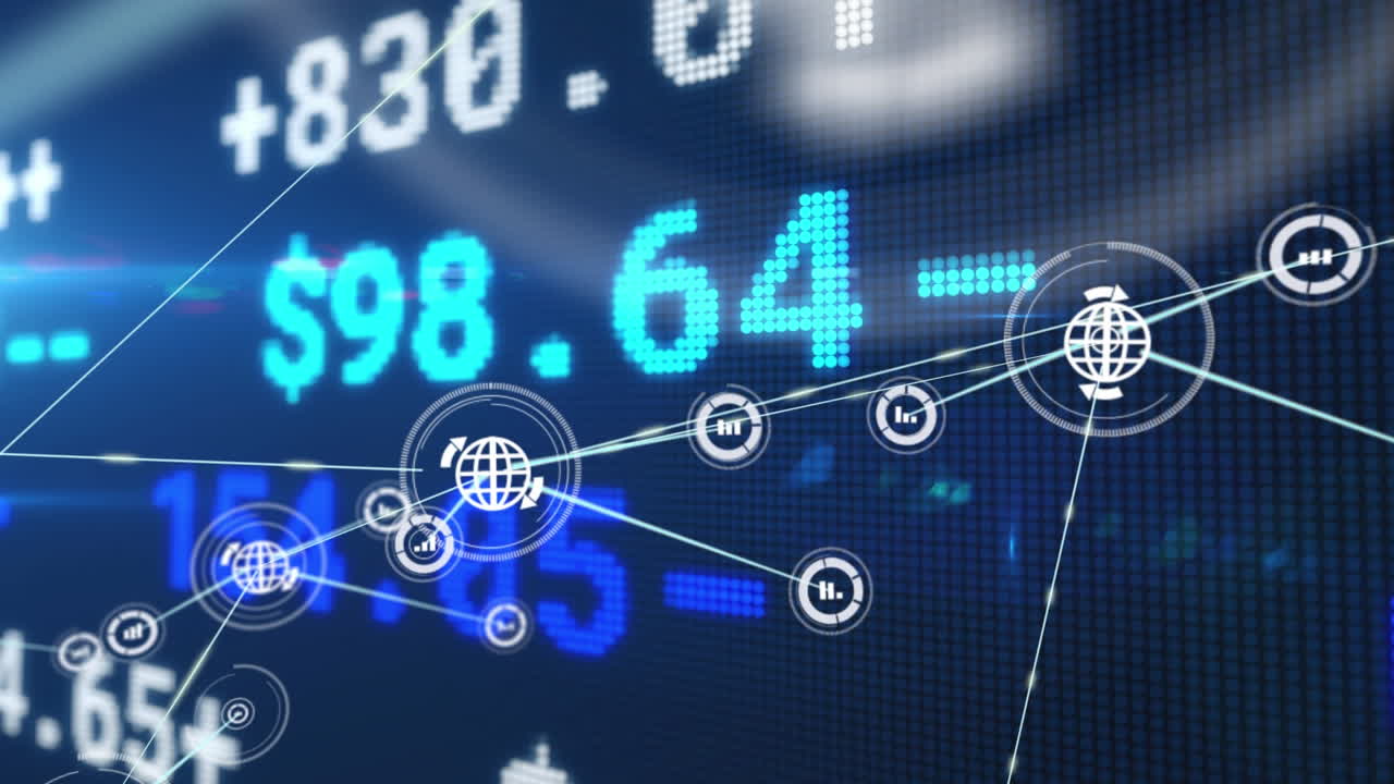Animation of stock exchange financial data processing with network of connections and icons