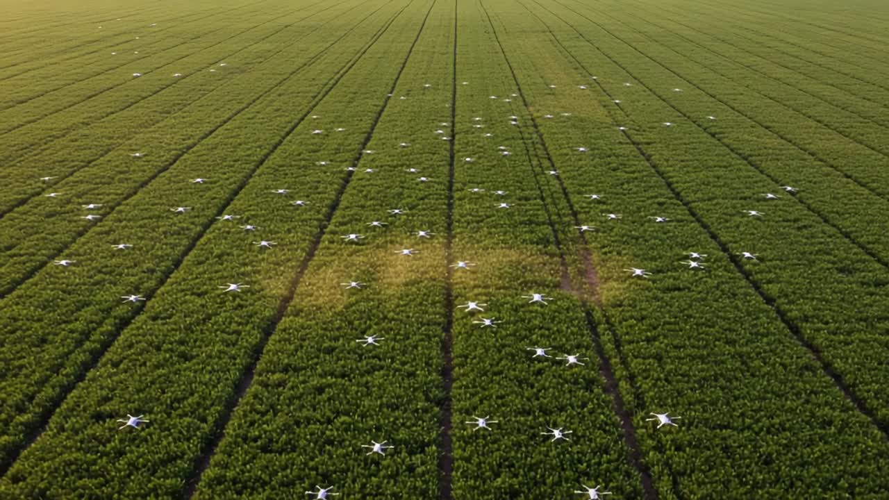 Aerial View of Green Agricultural Field Featuring Patterns of White Markers Interspersed Amongst Lush Crop Rows, Capturing the Beauty of Modern Farming Techniques