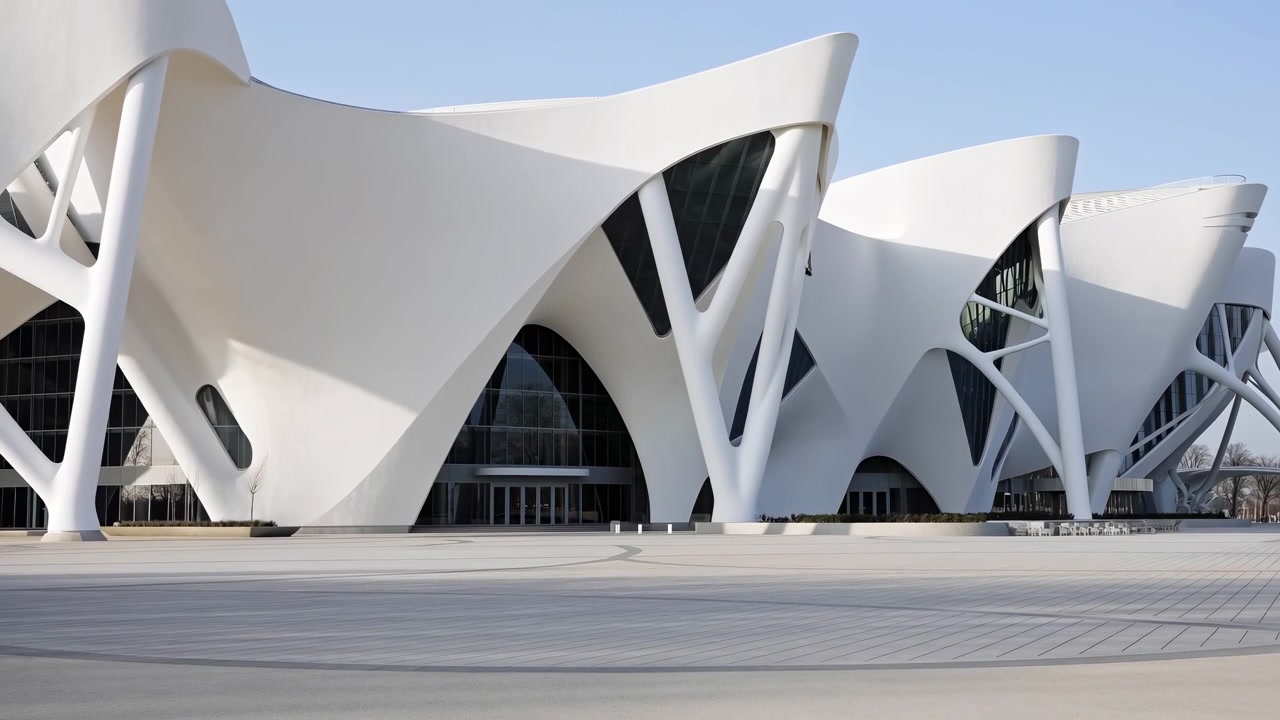 Ampia vista esterna stabile mostra edifici bianchi scultorei con tetti fluidi e supporti angolati, mentre la luce del giorno intensa proietta ombre morbide su una piazza vuota e decorata