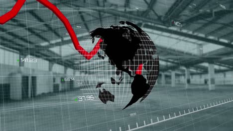 Icono-De-Globo-Giratorio-Y-Gráfico-Rojo-Moviéndose-Sobre-El-Procesamiento-De-Datos-Financieros-Contra-Una-Oficina-Vacía