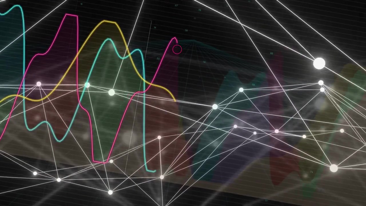 Data network showing incoming pulse driving nodes pulsing lines lighting waves growing to show flow