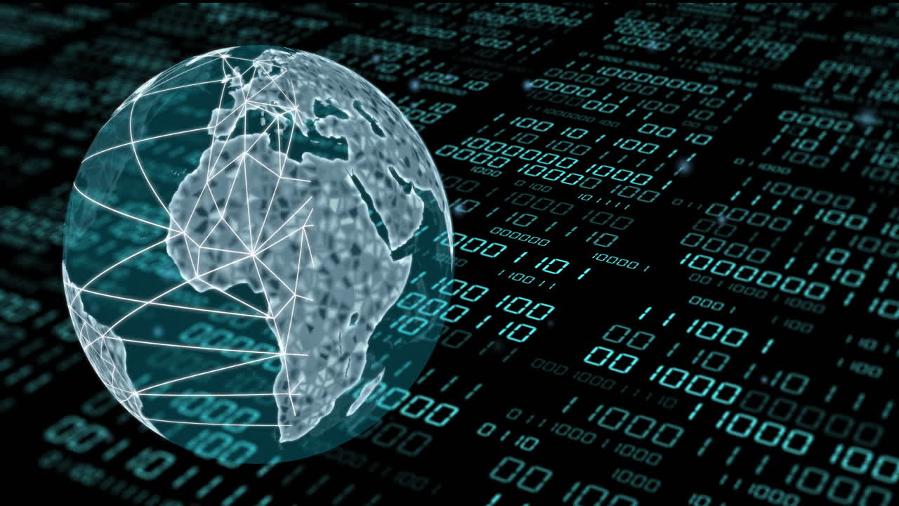 animación del globo con codificación binaria y procesamiento de datos sobre fondo oscuro