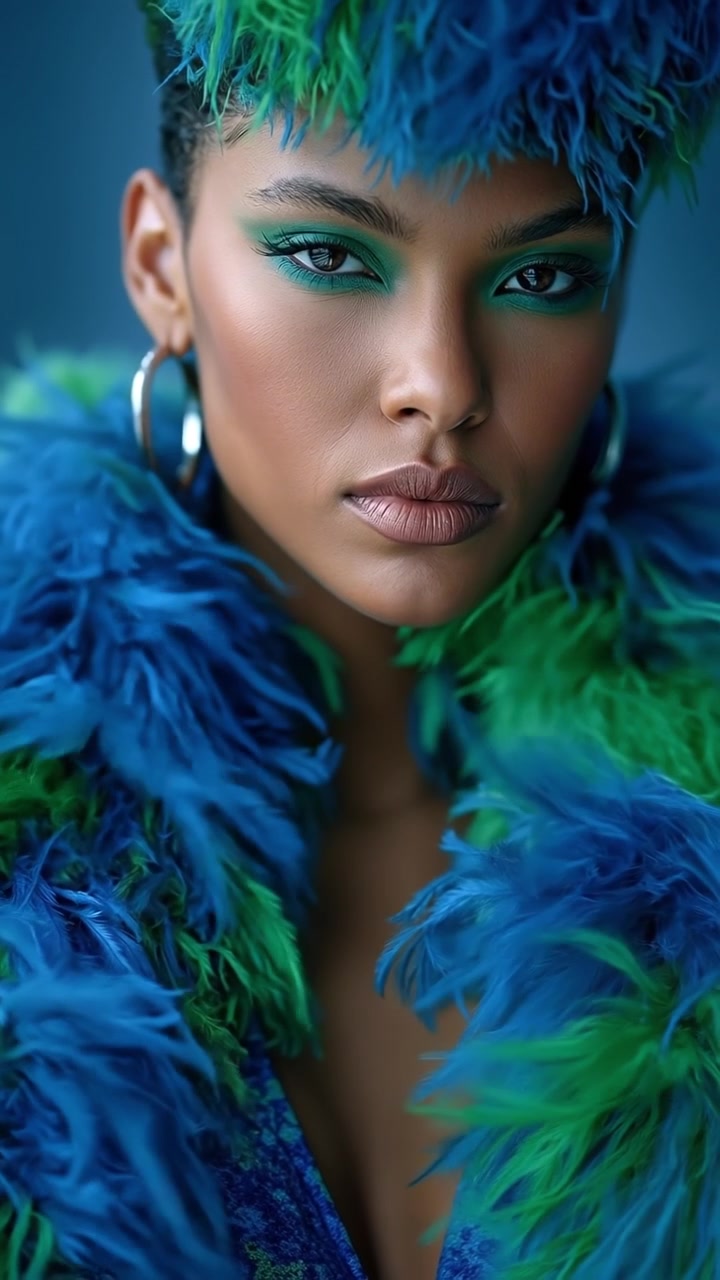 Ritratto di una donna con capelli blu vivaci e trucco verde che indossa un abito piumato testurizzato