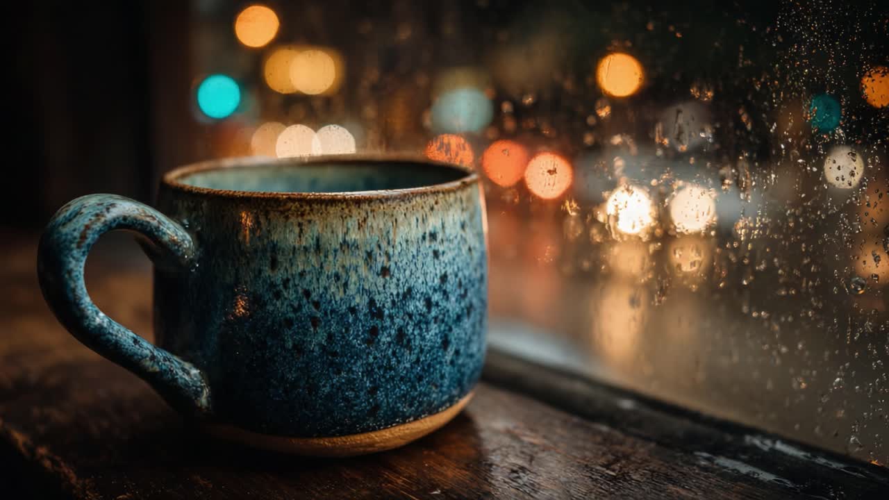 Una scena serena di un'accogliente tazza di ceramica vicino a una finestra piovosa che cattura la bellezza delle gocce di pioggia e le luci lontane della città in un'atmosfera confortevole