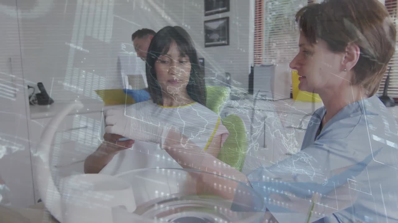 백인 여성 치과의사와 여성 환자에 대한 데이터 처리의 애니메이션