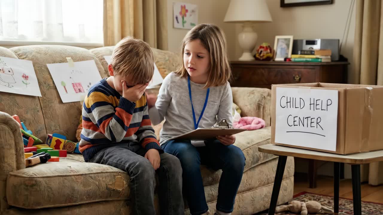 Bambina conforta un bambino turbato in un role play di un centro di aiuto per bambini