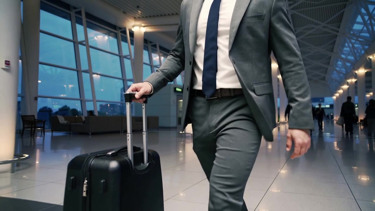 Hombre de traje gris caminando arrastrando maleta negra hacia la puerta de embarque, cámara mostrando primer plano de la mano, espacio para texto