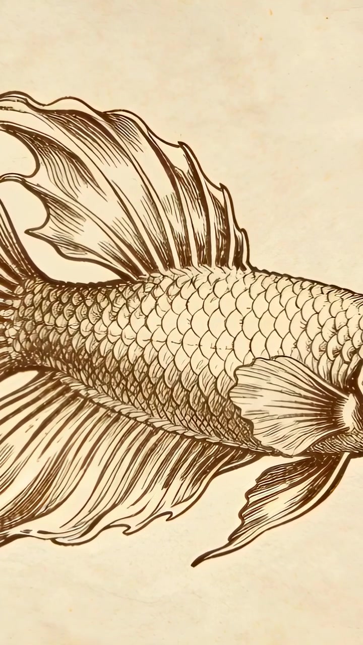Video verticale: Riproduzione che mostra l'inquadratura che si sposta su un pesce disegnato a inchiostro seppia su carta, linee d'inchiostro.