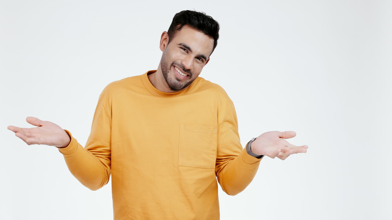 confundido, duda y hombre de hombros en el retrato