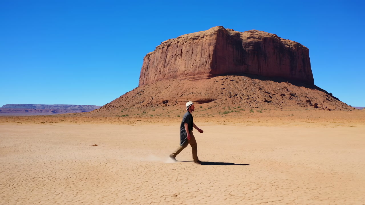 Man Walking Across Vast Desert Plain With Towering Butte Backdrop, Wide Open Sky And Hard Sunlight, Lone