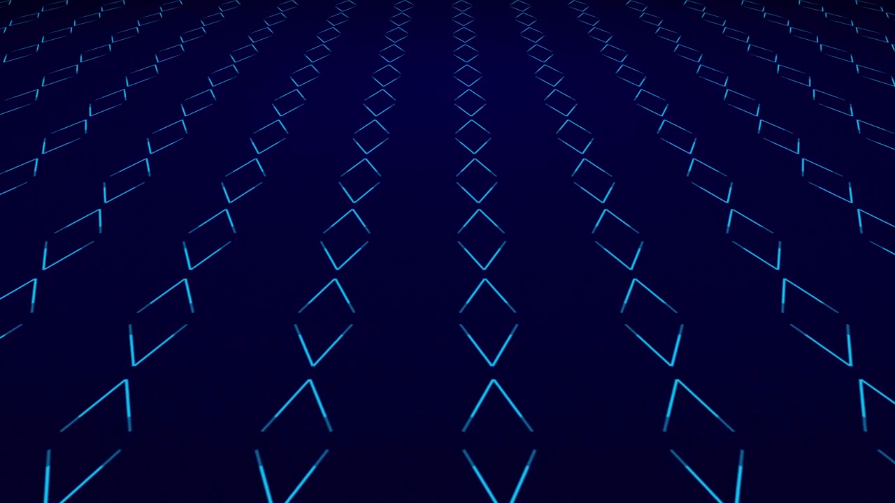 Animated bouncing vivid fading lines creating mirrored symmetrical pattern shapes on a dark gradient 3D background plane motion visual effects and moving abstract graphics colours blue navy