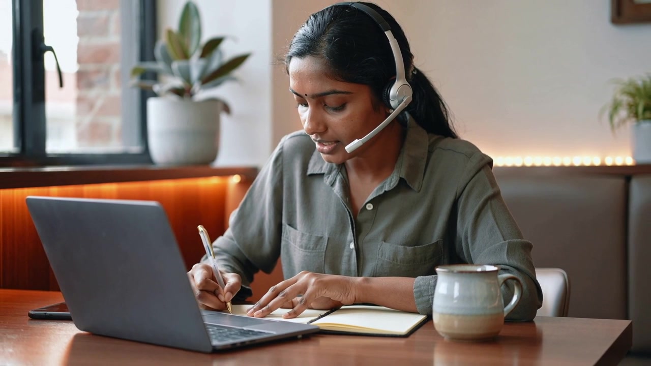 Donna con camicia color oliva e cuffie, che partecipa a una chiamata e prende appunti su laptop e taccuino a casa.